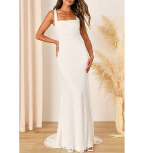 LULU'S SZ M Eternal Happiness White Lace Square Neck Mermaid Maxi Dress NEW B107